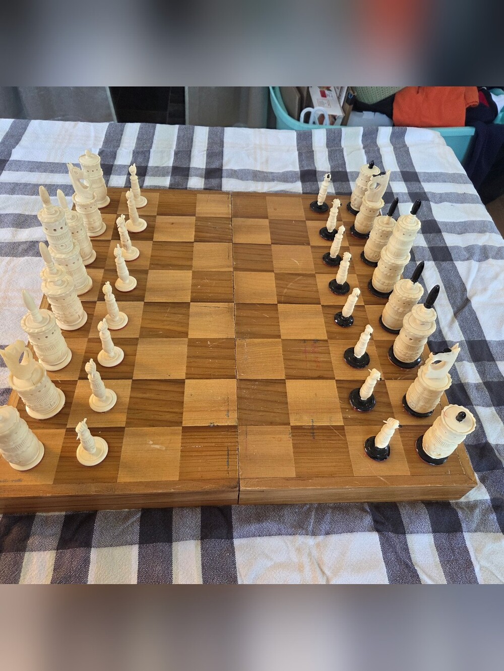 Hand Carved Art Deco Chess Set. Bone Pieces.